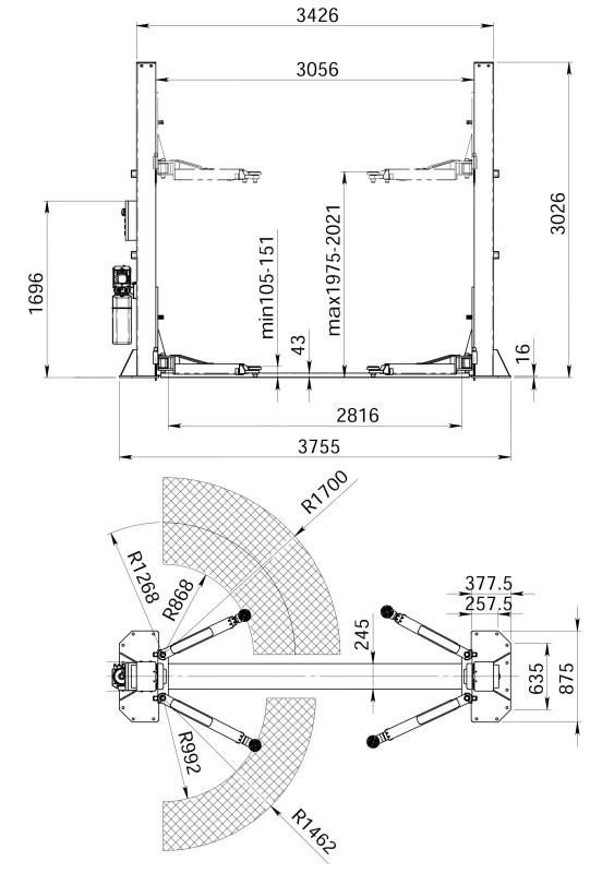 Подъемник 2-х стоечный, нижняя синхронизация, г/п 5т, подключение 380 V