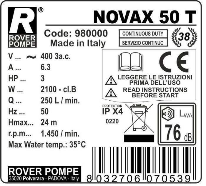 Самовсасывающий насос Roverpompe NOVAX 50T_380В