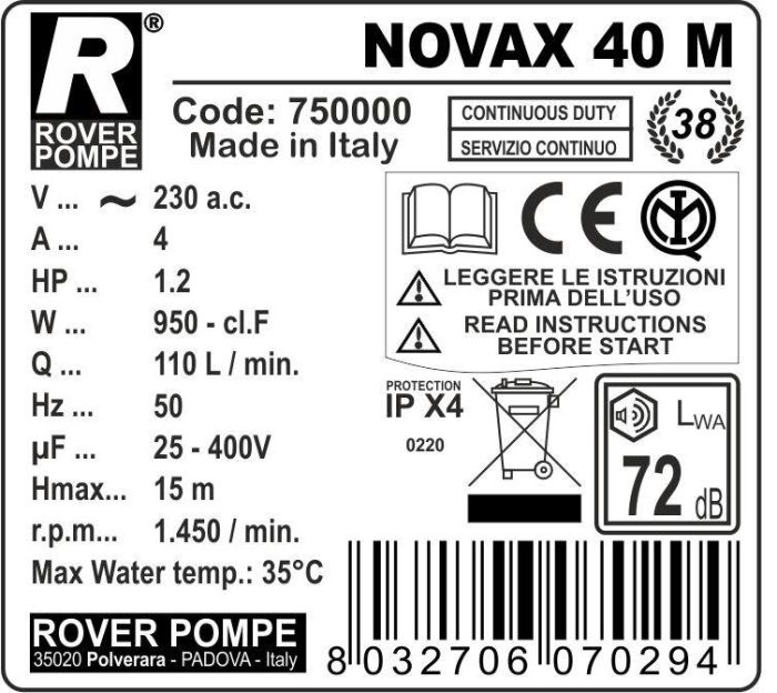 Самовсасывающий насос Roverpompe NOVAX 40M