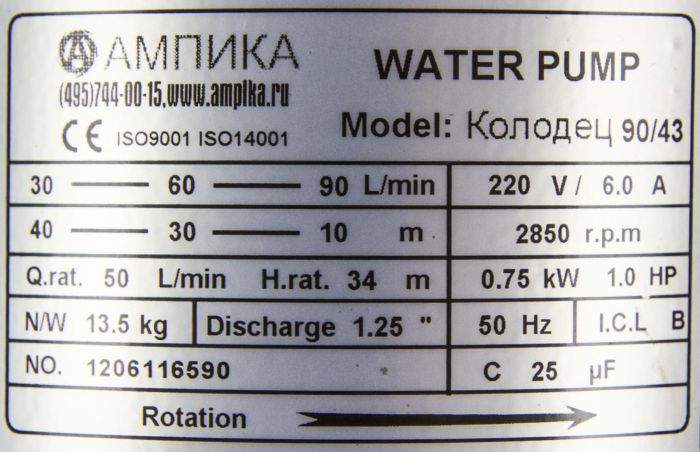 Насос для воды Ампика Колодец 90/43