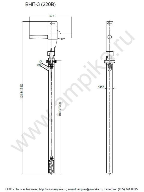 Винтовой полупогружной насос Ампика ВНП-3 (1,3 кВт_220В) AISI304, FKM