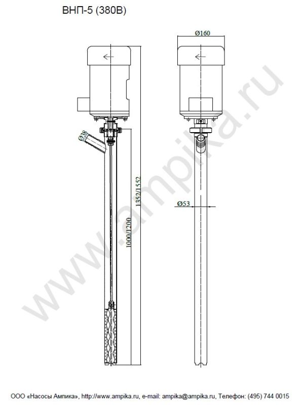 Винтовой полупогружной насос Ампика ВНП-5 (1,1х1000), 1200 мм