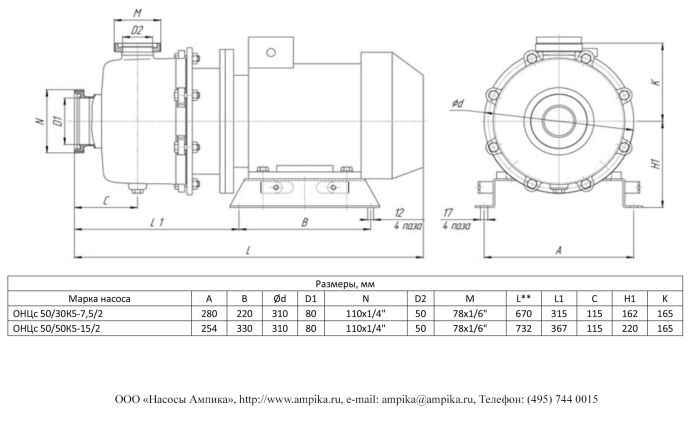 Пищевой центробежный насос  ОНЦс 50/30К5-7,5/2 (с кожухом)