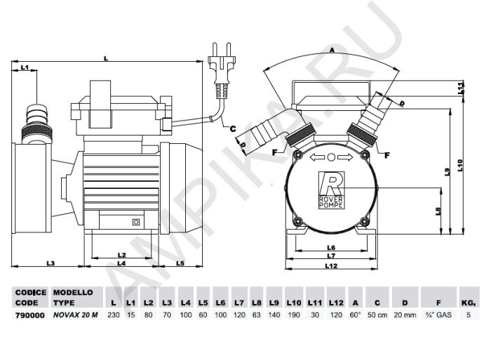 Самовсасывающий насос Roverpompe Novax 20M (до +35С)