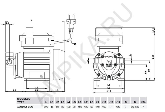 Шестеренный насос Roverpompe MARINA 12V-G20