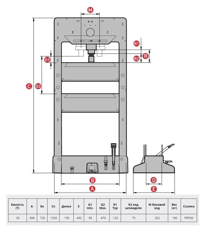 Гидравлический пресс 30 т для автомастерской Мega PRP30 с ножным гидравлическим и пневматическим приводом