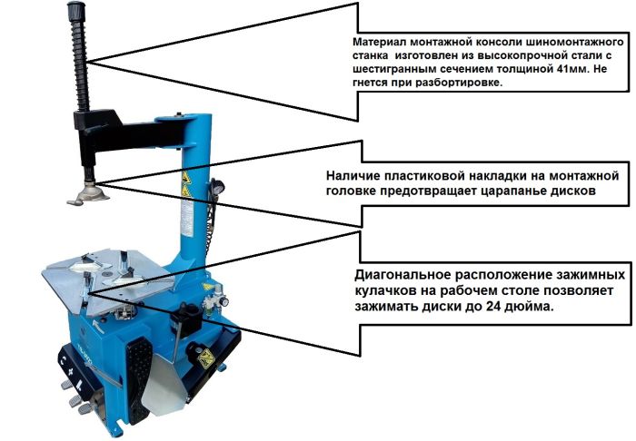 TS-3022 Станок шиномонтажный полуавтомат, подключение 220V, Внешний зажим 11-21”. Внутренний зажим 12-24”