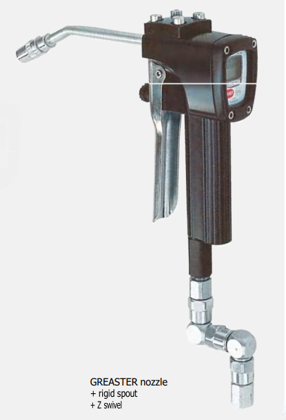 Пистолет раздаточный ручной для смазки, 5.5 л/мин, с эл. cчетчиком, с пов. муфтой, Z-шарнир, жесткий носик, Piusi Greaster F0043600A