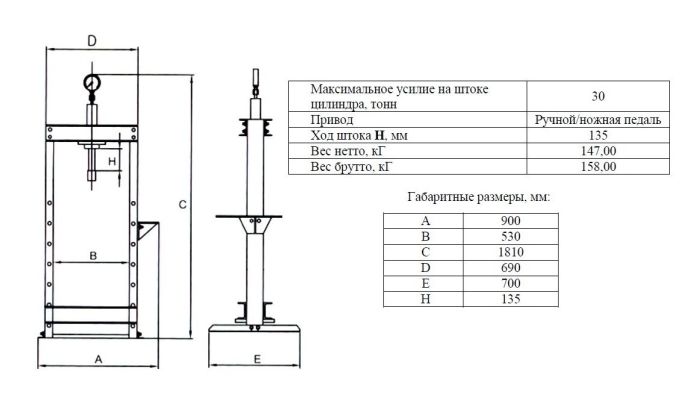 Гидравлический пресс для автосервиса 30 т AE&T Т61230F ручной насос с ножной педалью